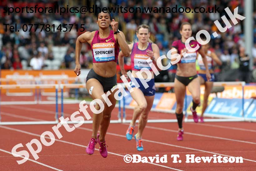 Kaliese Spencer on her way to winning the womens 400 metres hurdles at the Sainsbury's Birmingham Grand Prix. Photos: David T. Hewitson/Sports for All Pics